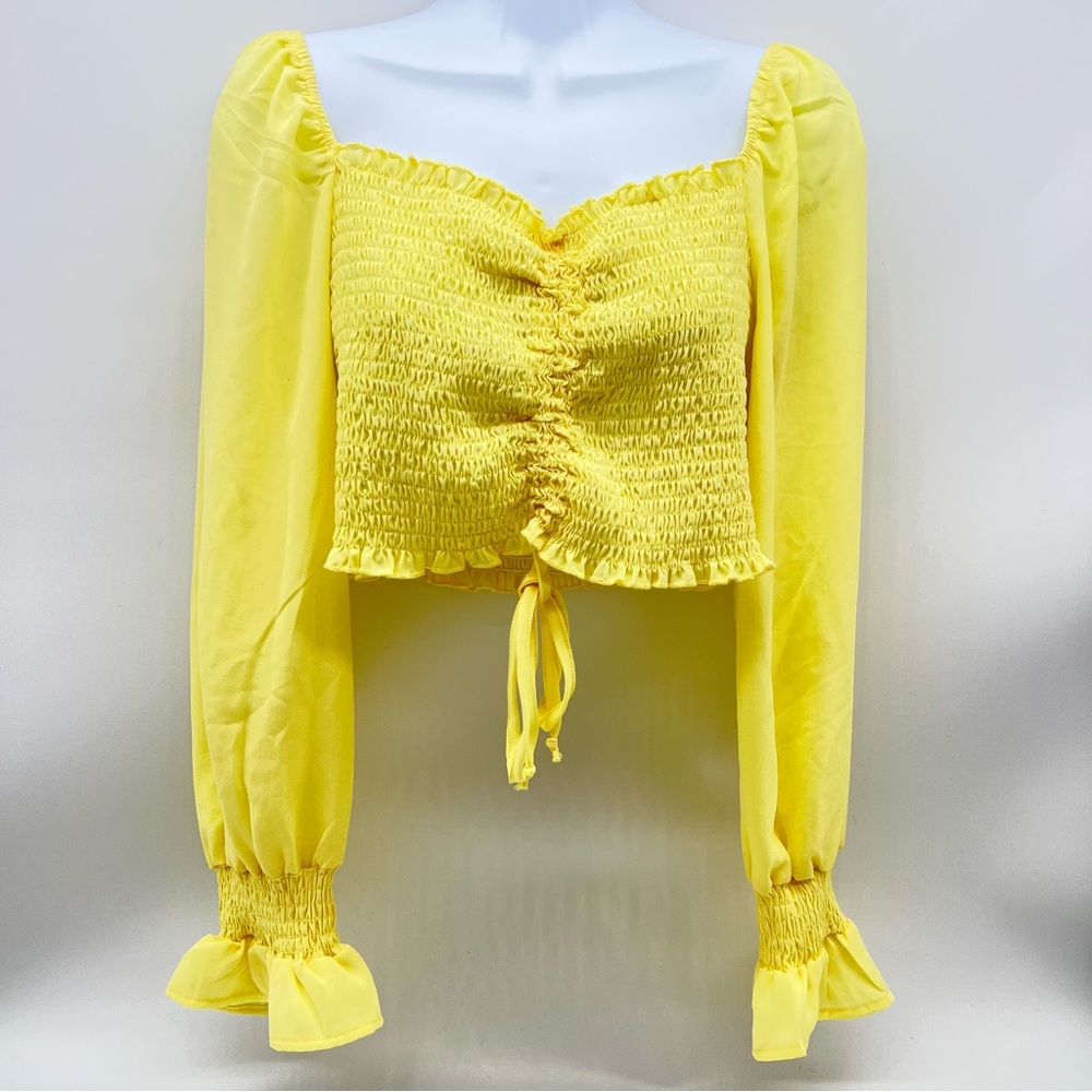 Fashion Nova Best Views Smocked Yellow Puff Sleeve Crop Blouse-Size L
